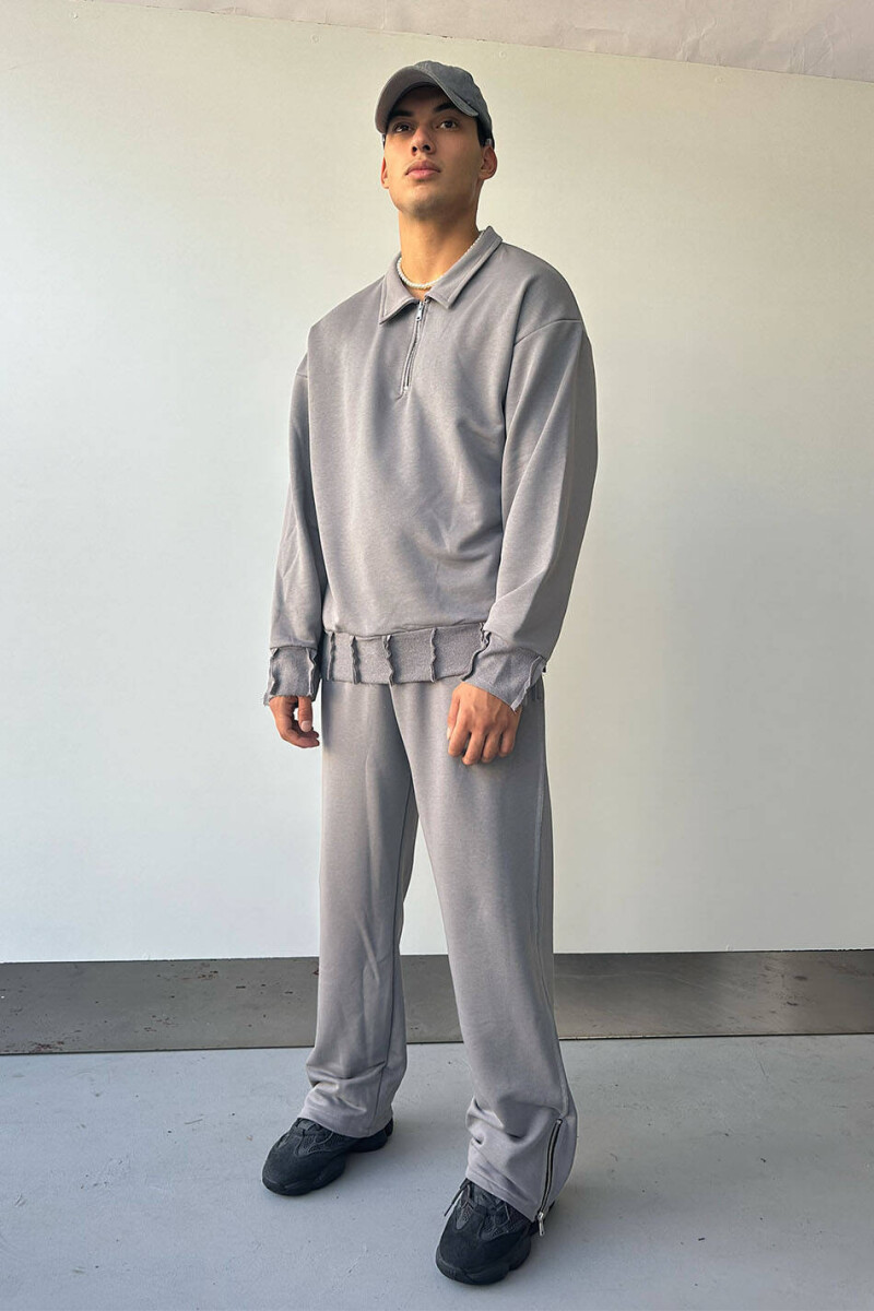 Gri Yarım Fermuar Polo Yaka Sweatshirt & Gri Fermuar Detaylı Baggy Eşofman - 1
