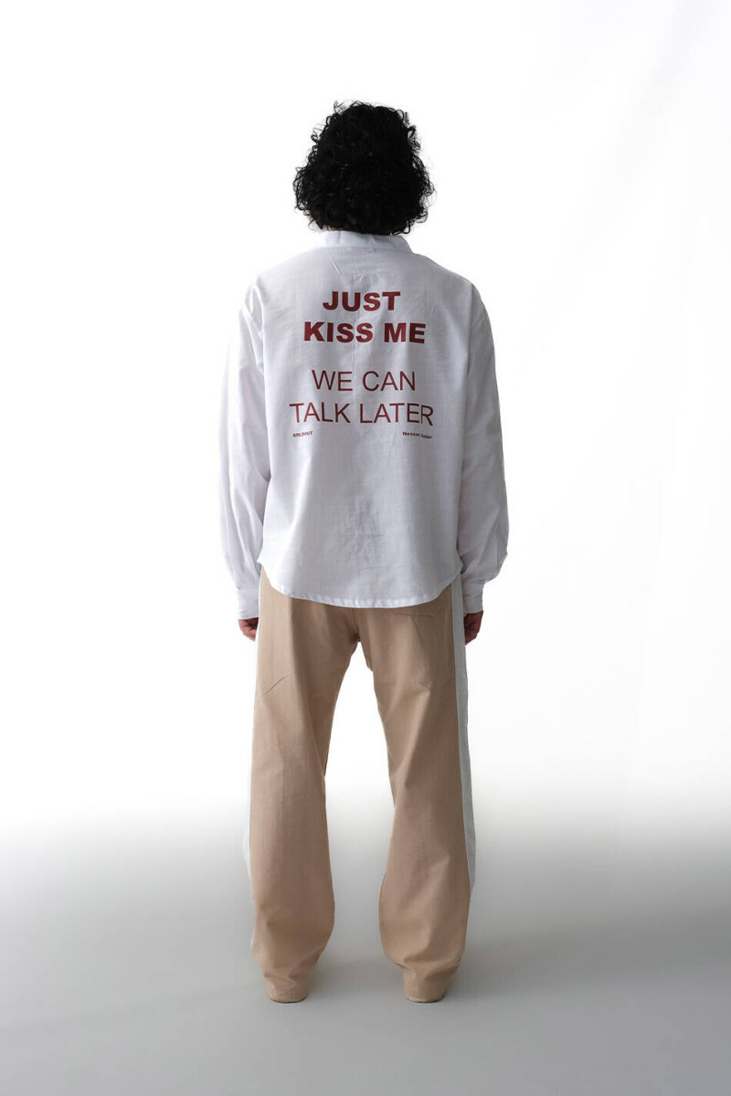 Just Kiss Me & %100 Pamuk Beyaz Şerit Detaylı Bej Pantolon - 1