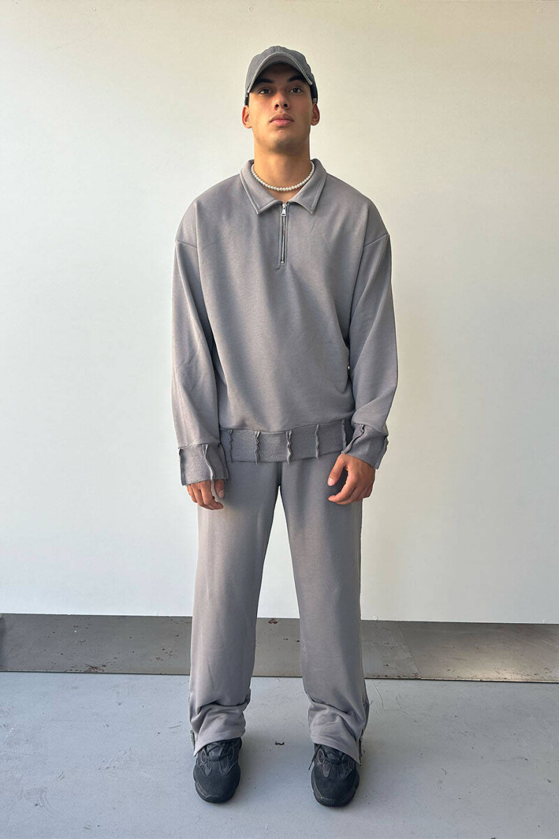 Gri Yarım Fermuar Polo Yaka Sweatshirt & Gri Fermuar Detaylı Baggy Eşofman - 2