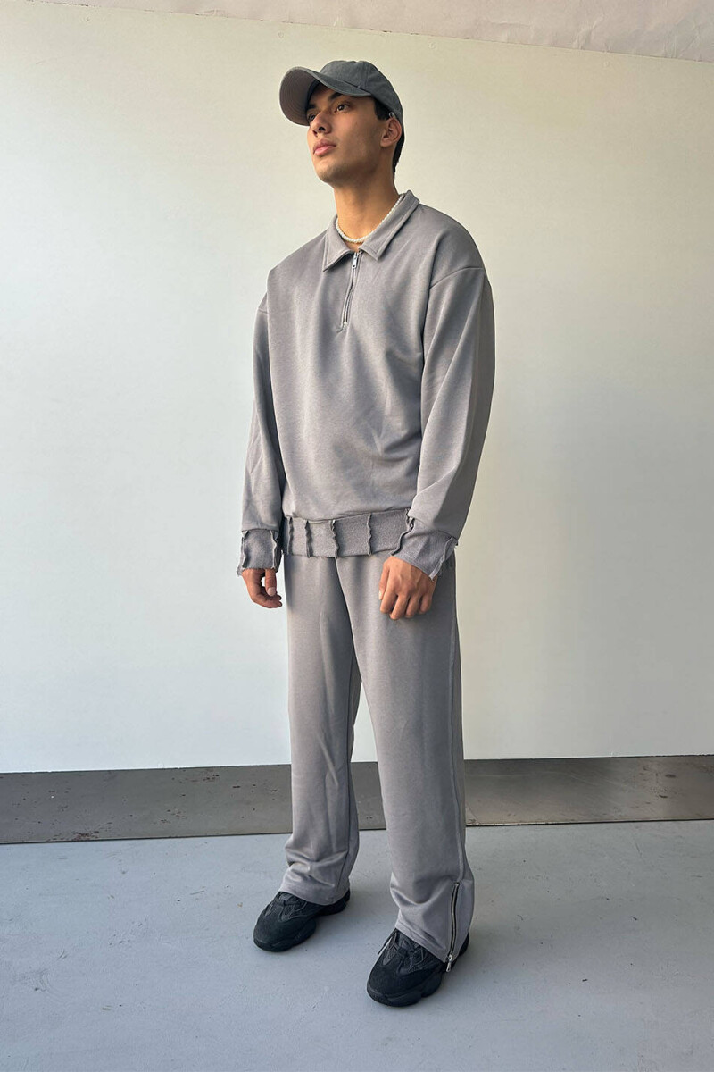 Gri Yarım Fermuar Polo Yaka Sweatshirt & Gri Fermuar Detaylı Baggy Eşofman - 3