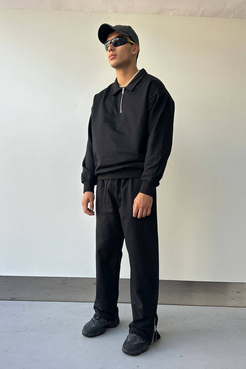 Premium Siyah Yarım Fermuar Polo Yaka Sweatshirt & Premium Siyah Fermuar Detaylı Baggy Eşofman - 1