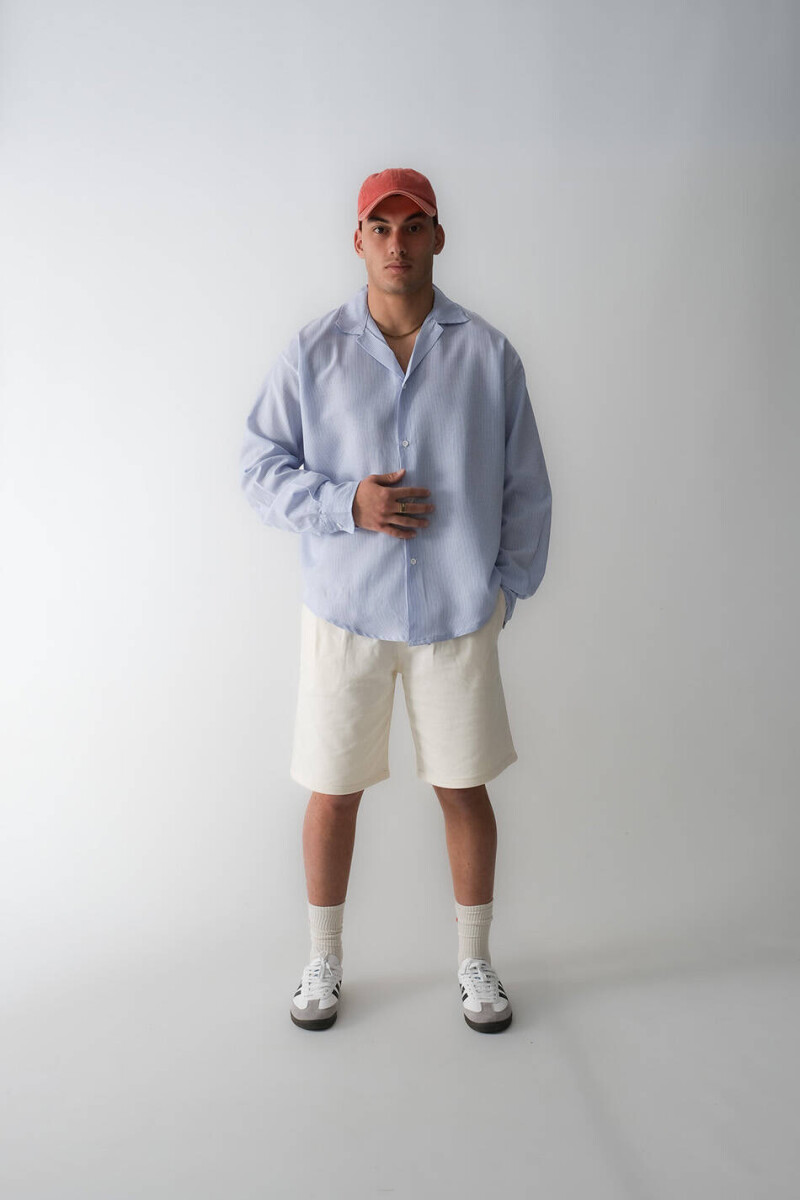 İnce Mavi Çizgili Old Money Oversize Gömlek x Oversize Pileli Krem Şort - 1