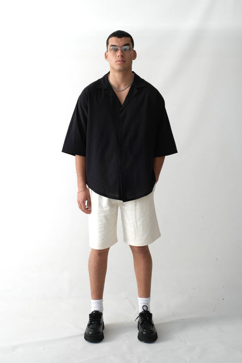 Siyah Oversize Yarım Kol %100 Pamuk İnce Gömlek x Oversize Pileli Krem Şort - 2