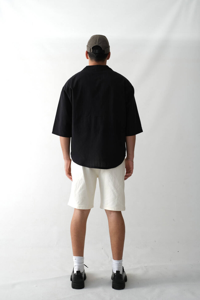 Siyah Oversize Yarım Kol %100 Pamuk İnce Gömlek x Oversize Pileli Krem Şort - 3