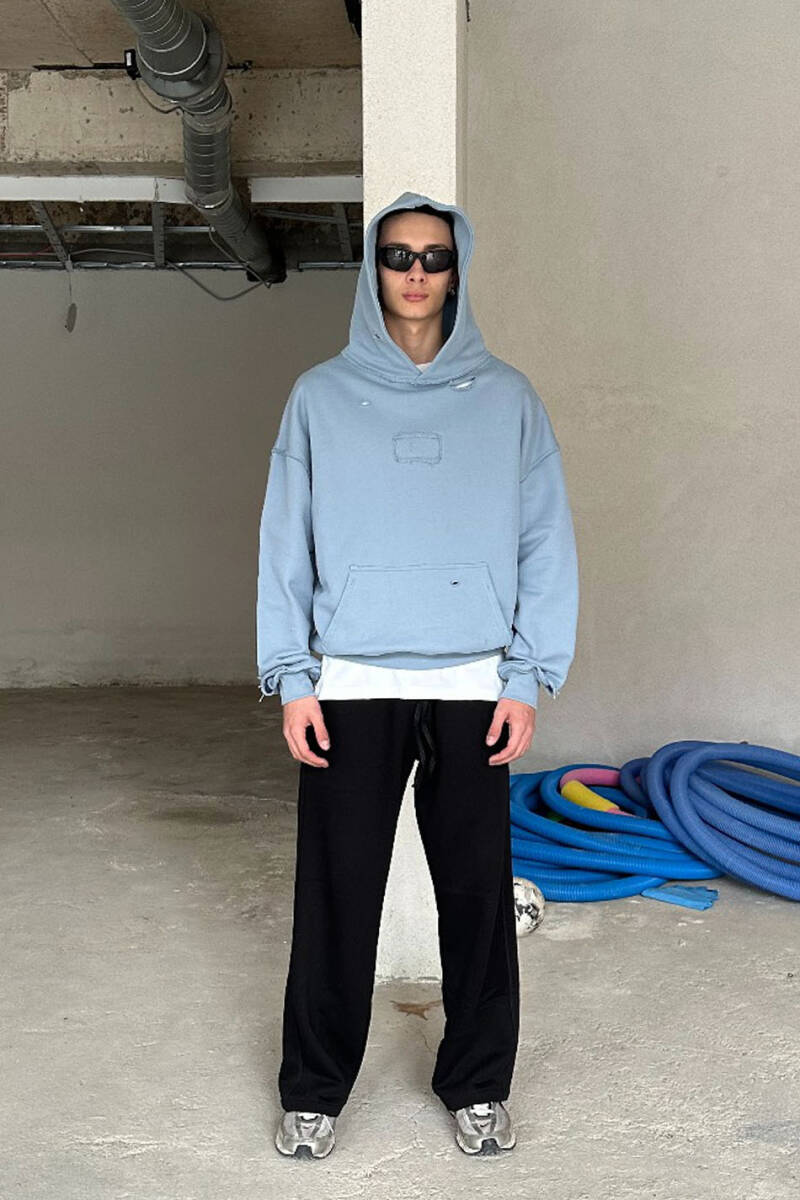 Açık Mavi Handmade Distressed Oversize Boxy Fit Hoodie 