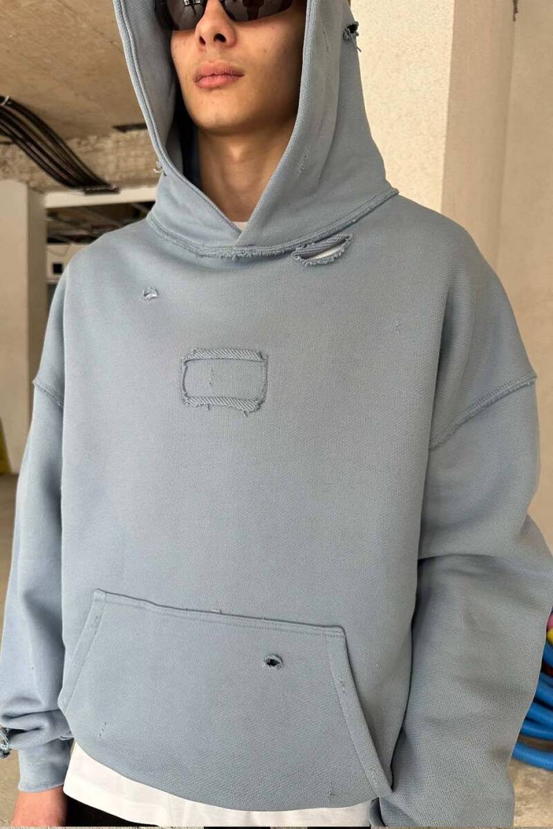 Açık Mavi Handmade Distressed Oversize Boxy Fit Hoodie - 3