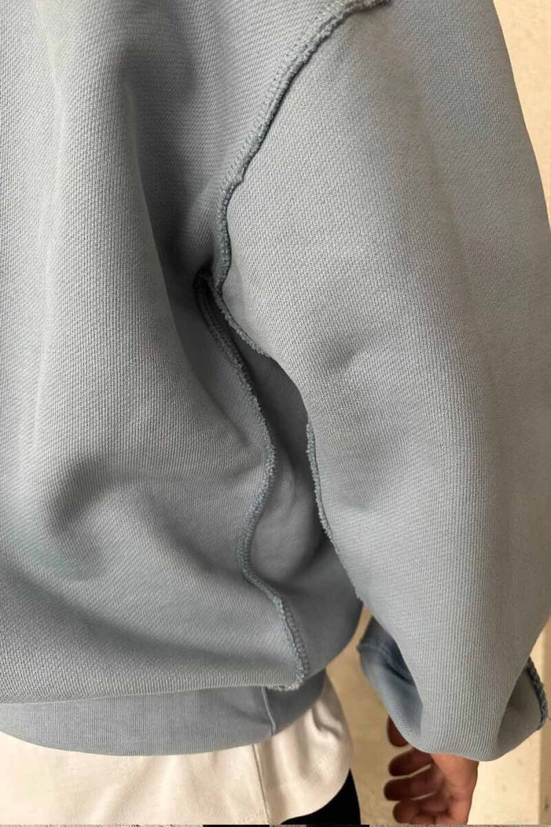 Açık Mavi Handmade Distressed Oversize Boxy Fit Hoodie - 4