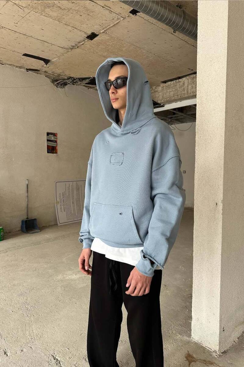Açık Mavi Handmade Distressed Oversize Boxy Fit Hoodie - 2