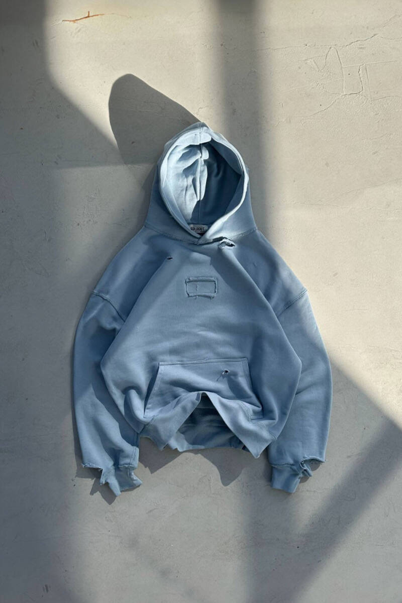 Açık Mavi Handmade Distressed Oversize Boxy Fit Hoodie - 5