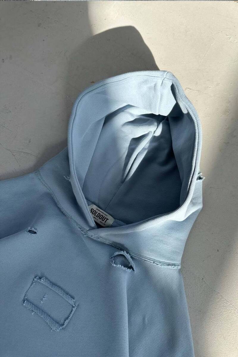 Açık Mavi Handmade Distressed Oversize Boxy Fit Hoodie - 6