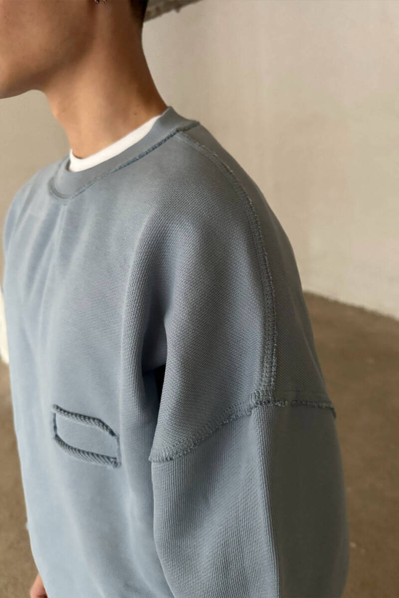 Açık Mavi Handmade Distressed Oversize Boxy Fit Sweatshirt - 5