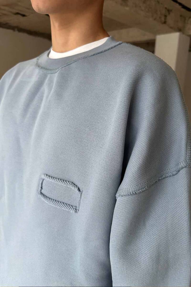 Açık Mavi Handmade Distressed Oversize Boxy Fit Sweatshirt - 3