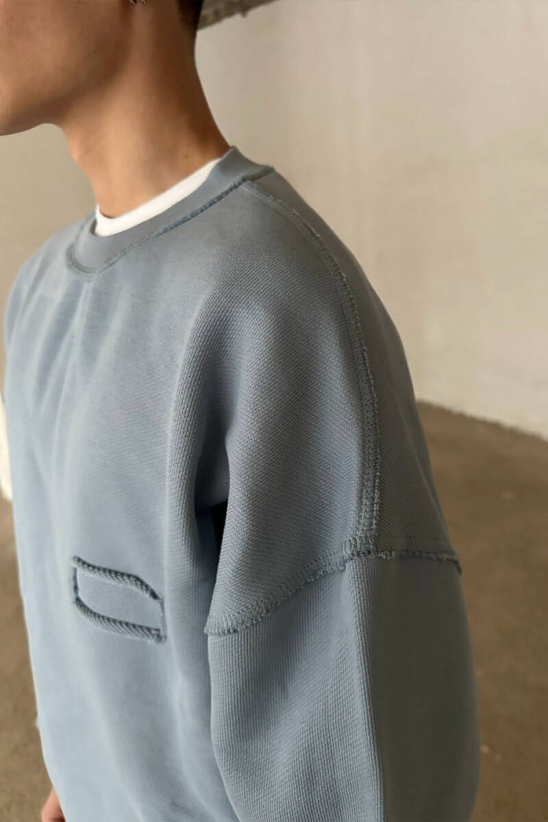 Açık Mavi Handmade Distressed Oversize Boxy Fit Sweatshirt - 5