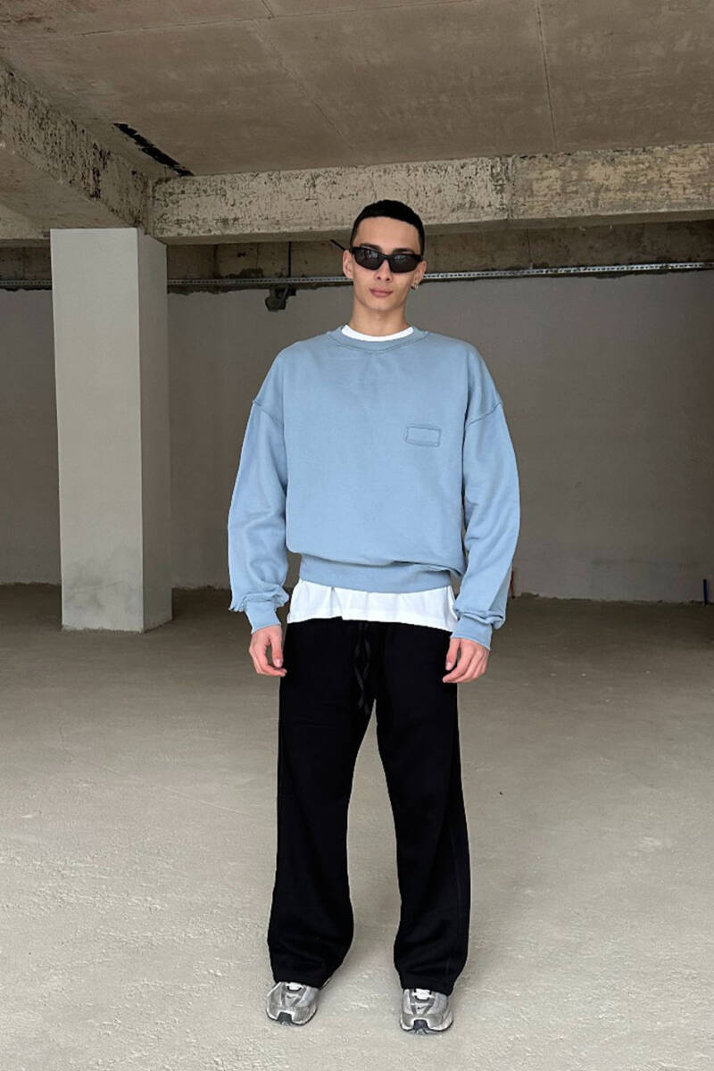 Açık Mavi Handmade Distressed Oversize Boxy Fit Sweatshirt 