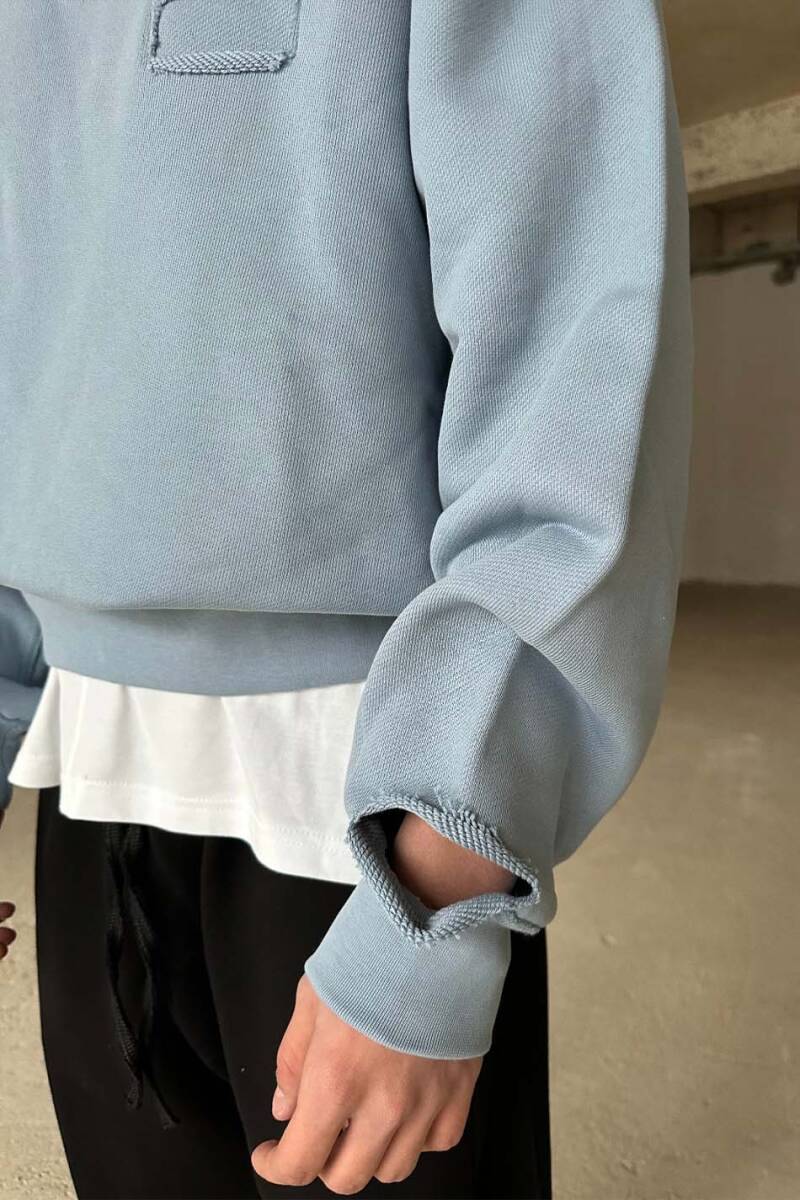 Açık Mavi Handmade Distressed Oversize Boxy Fit Sweatshirt - 4