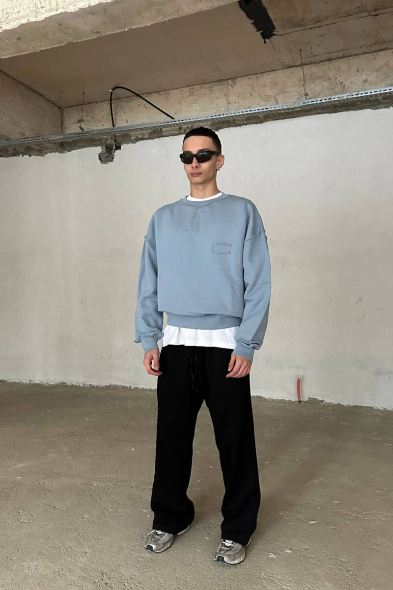 Açık Mavi Handmade Distressed Oversize Boxy Fit Sweatshirt - 2