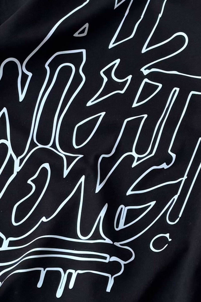 All Night Long Baskılı Siyah Oversize Tişört - 5