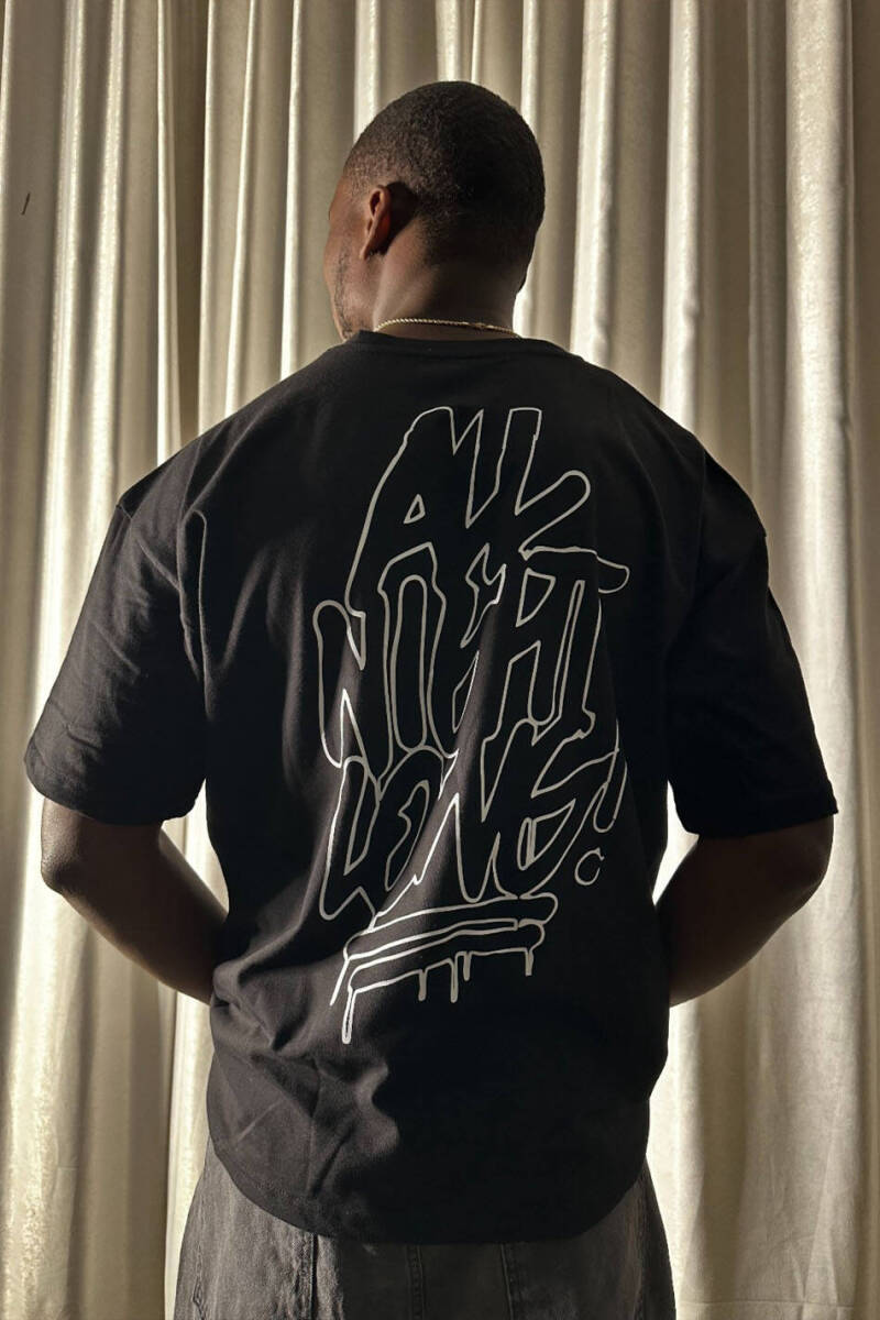 All Night Long Baskılı Siyah Oversize Tişört - SOLDOUT