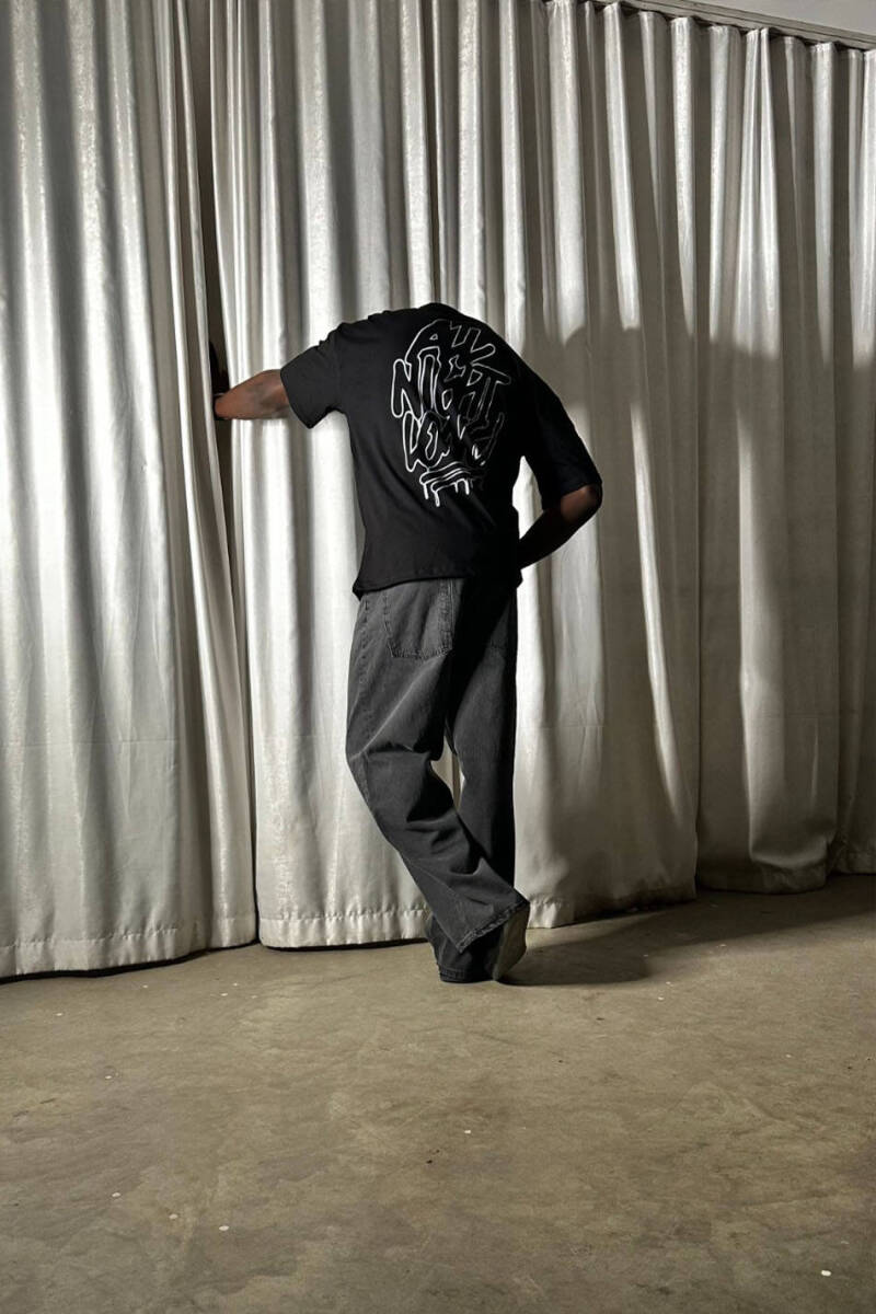 All Night Long Baskılı Siyah Oversize Tişört - 2