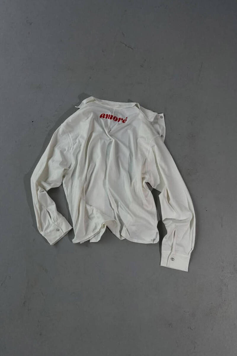 Amore Baskılı Ekru Oversize Kumaş Gömlek - 5