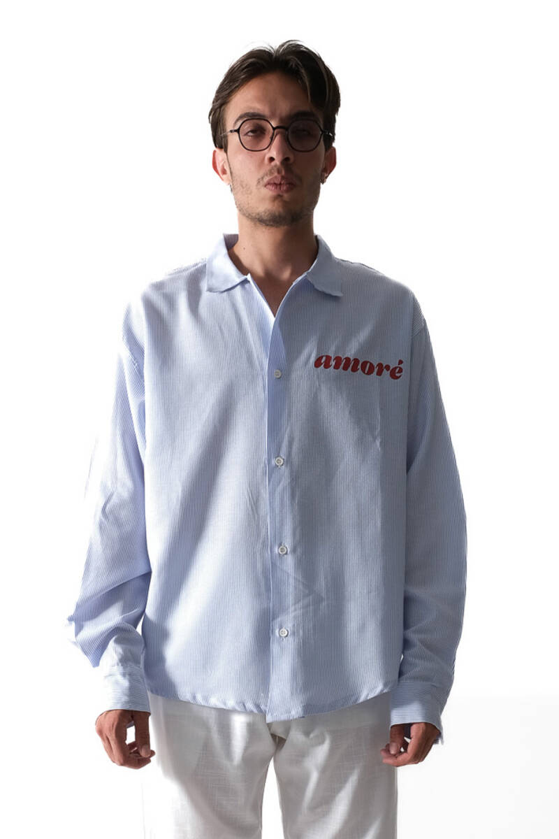 Amore İnce Mavi Çizgili Oversize Gömlek - 1