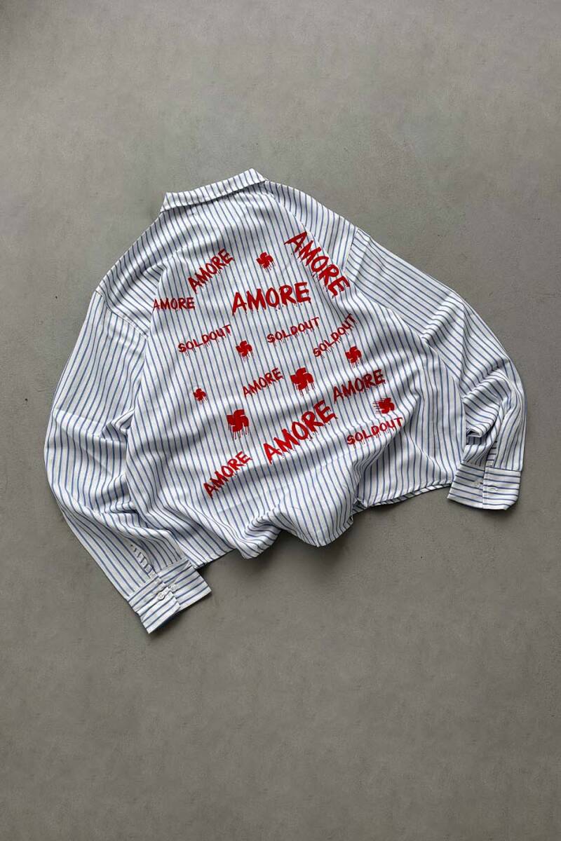 Amore Lacivert Çizgili Oversize Gömlek - 3