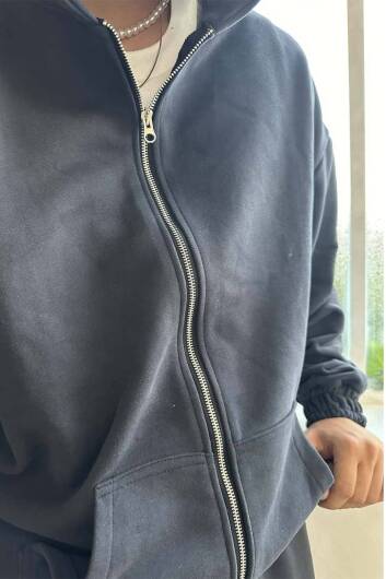 Antrasit 385 GSM Oversize Boxy Fit Zip Hoodie - 6