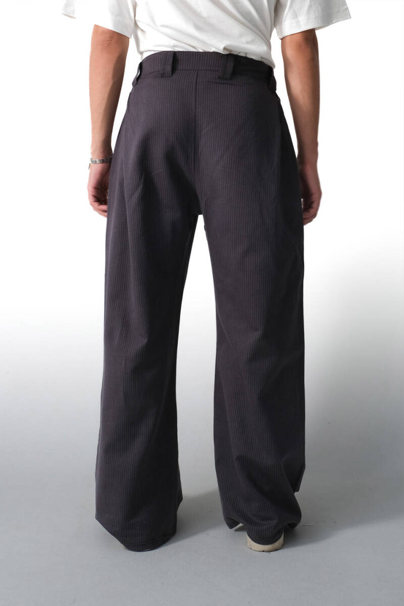 Antrasit Çizgili Çift Pileli Baggy Pantolon - 4