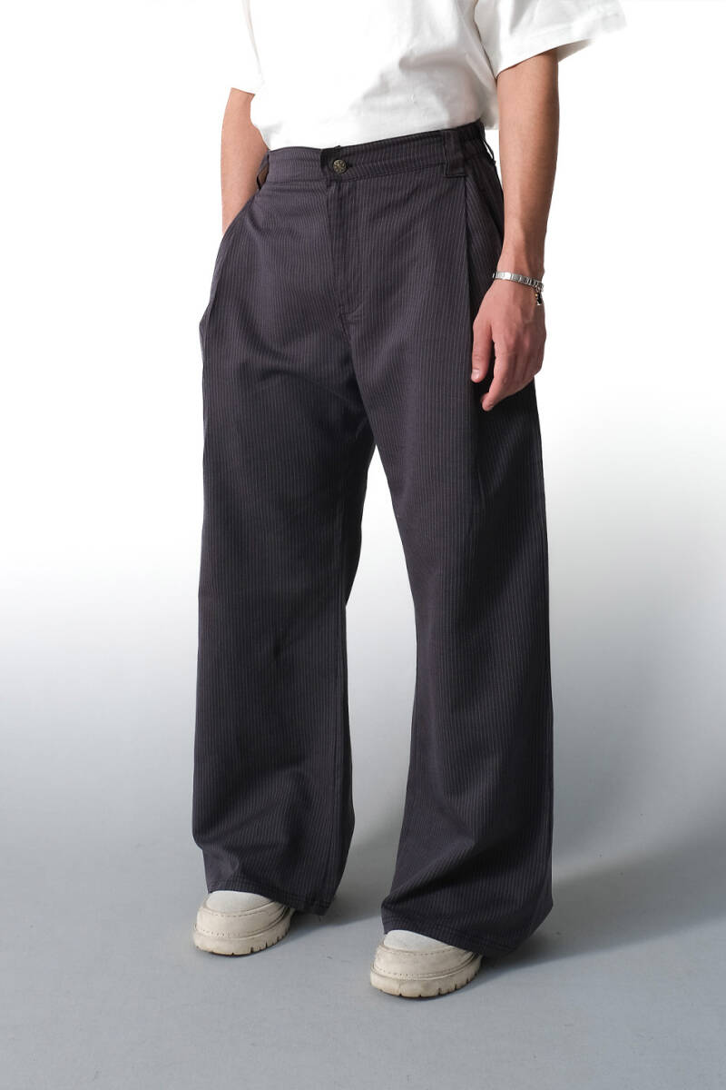 Antrasit Çizgili Çift Pileli Baggy Pantolon - 2