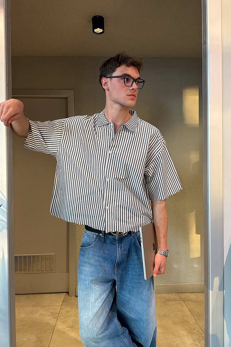 Antrasit Çizgili Distressed Yarım Kol Boxy Fit Gömlek - SOLDOUT