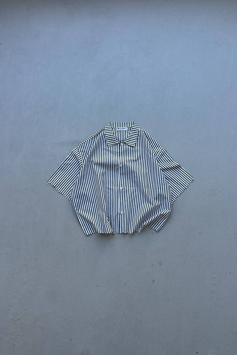 Antrasit Çizgili Distressed Yarım Kol Boxy Fit Gömlek - SOLDOUT (1)