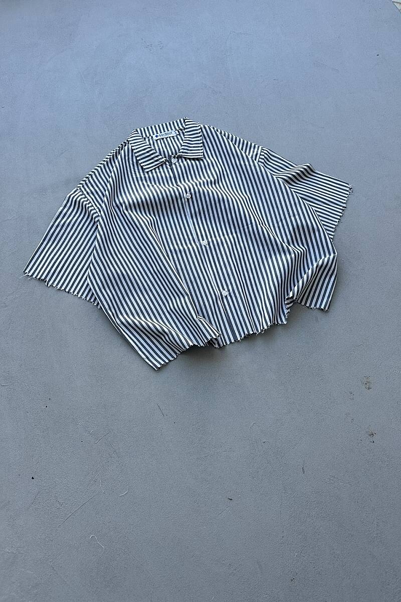 Antrasit Çizgili Distressed Yarım Kol Boxy Fit Gömlek - 7