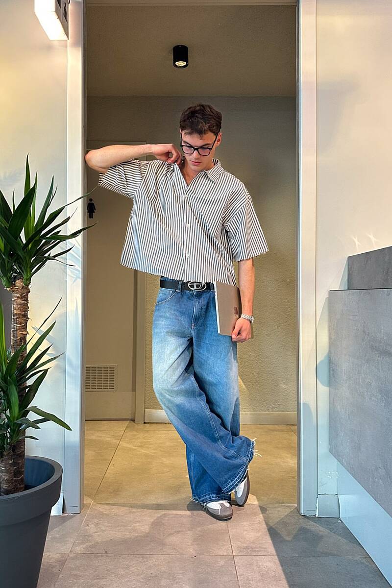 Antrasit Çizgili Distressed Yarım Kol Boxy Fit Gömlek - 3