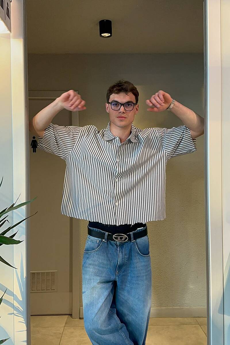 Antrasit Çizgili Distressed Yarım Kol Boxy Fit Gömlek - 4