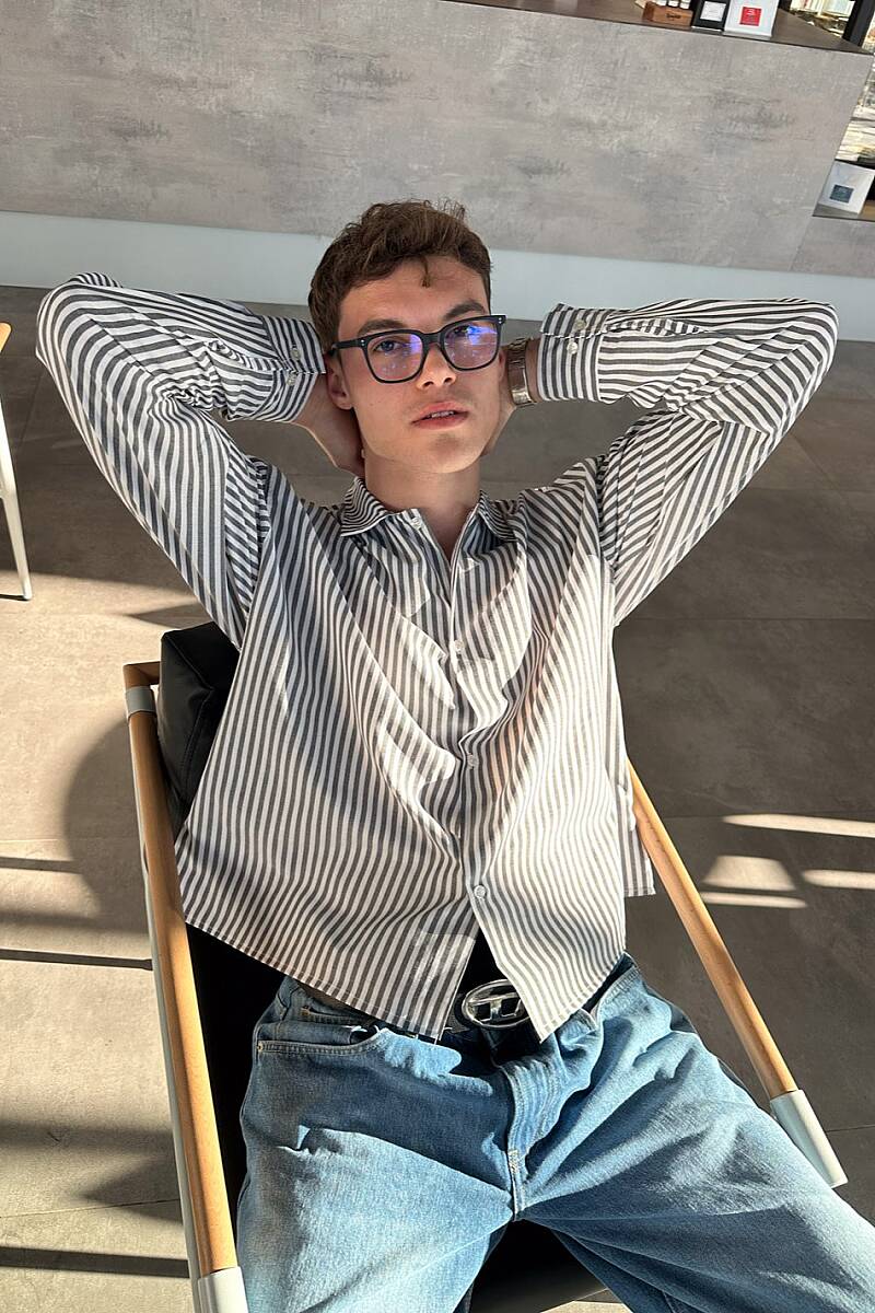 Antrasit Çizgili Old Money Boxy Fit Crop Gömlek - SOLDOUT (1)