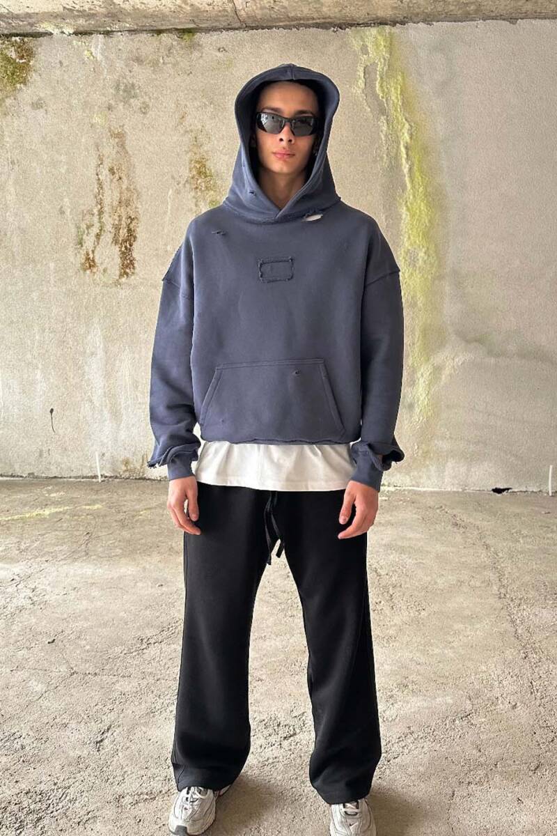 Antrasit Handmade Distressed Oversize Boxy Fit Hoodie 