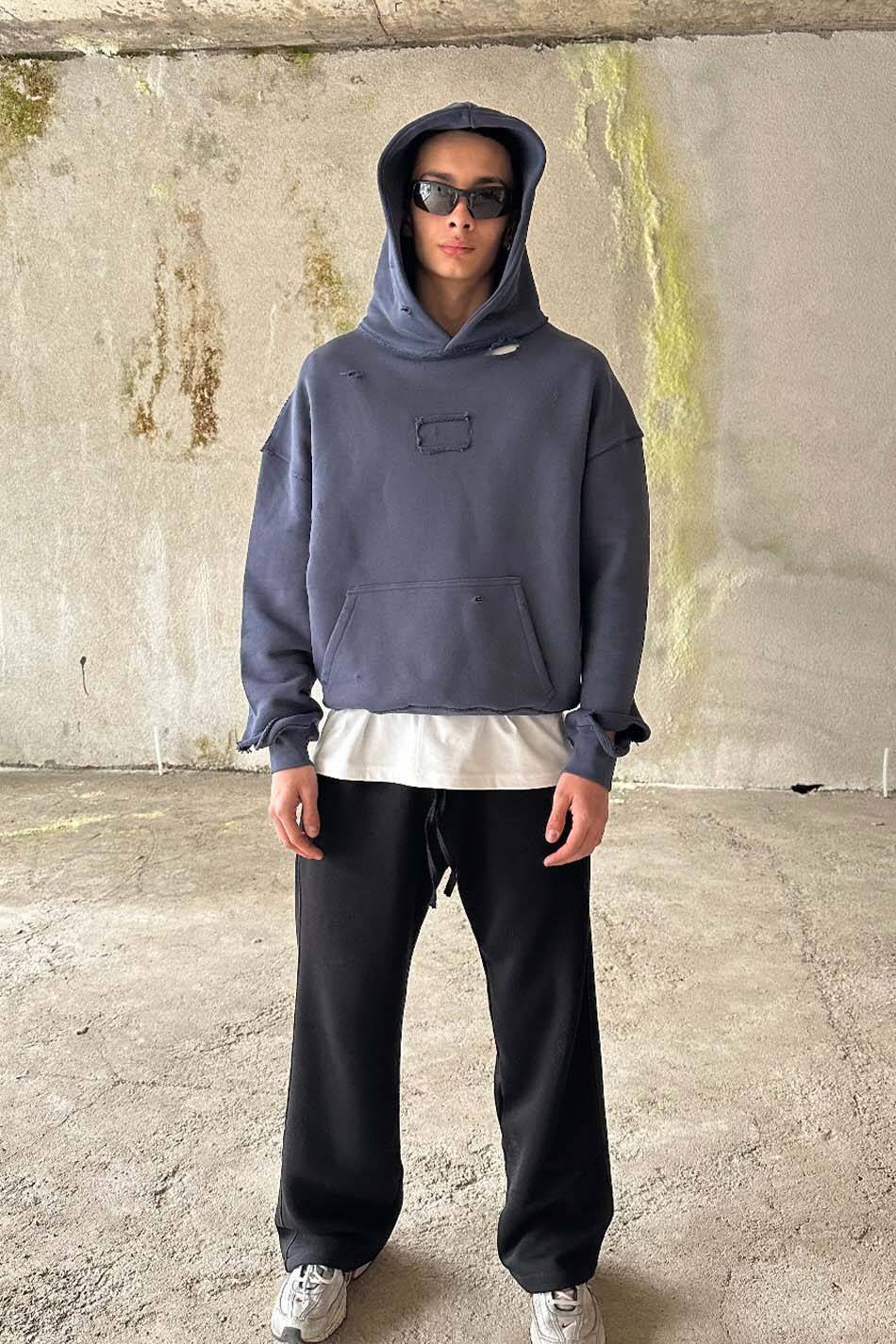 Antrasit Handmade Distressed Oversize Boxy Fit Hoodie - SOLDOUT