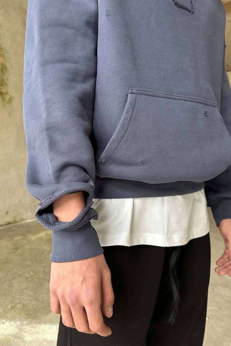 Antrasit Handmade Distressed Oversize Boxy Fit Hoodie - 4