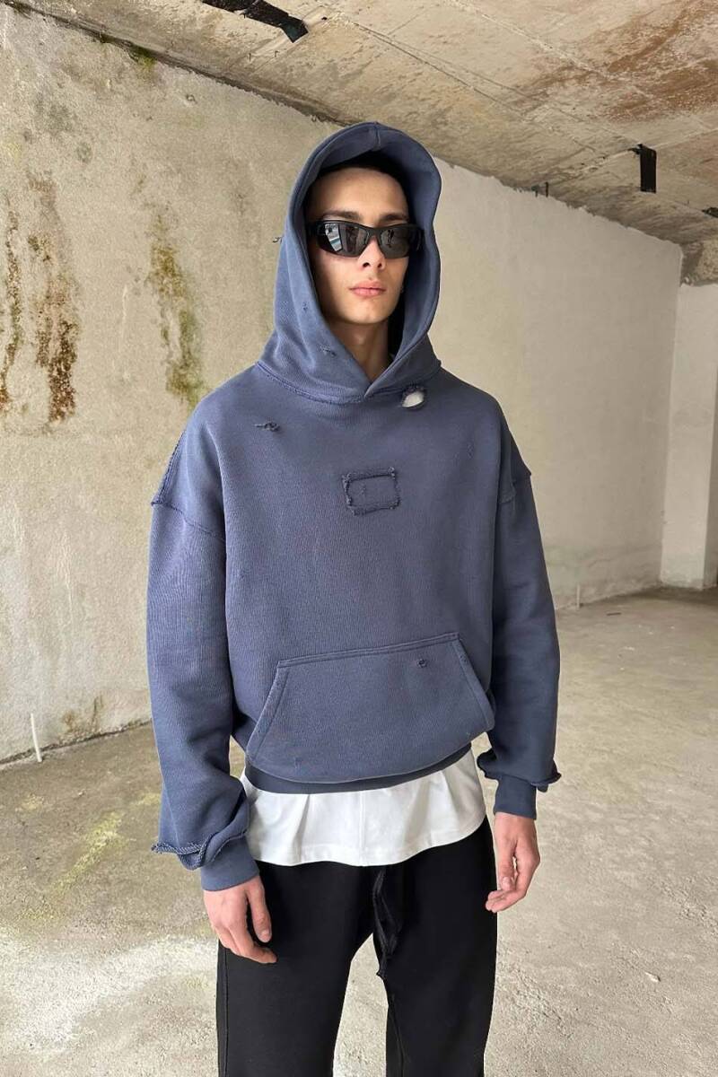 Antrasit Handmade Distressed Oversize Boxy Fit Hoodie - 3