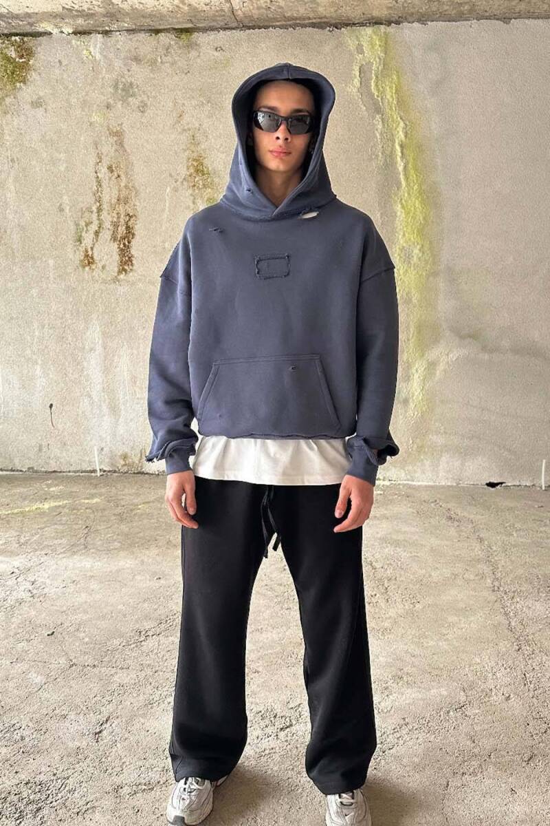Antrasit Handmade Distressed Oversize Boxy Fit Hoodie - 2