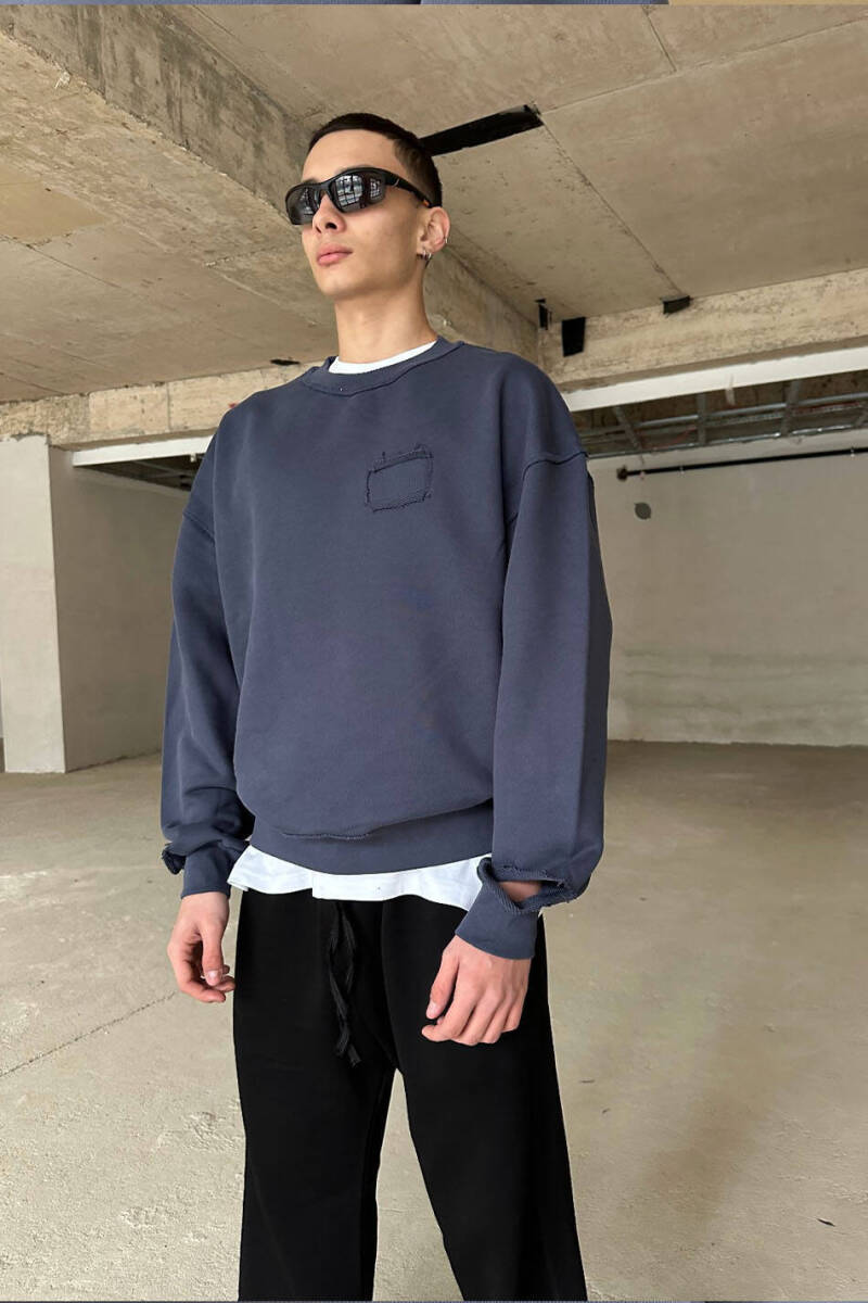 Antrasit Handmade Distressed Oversize Sweatshirt - 2