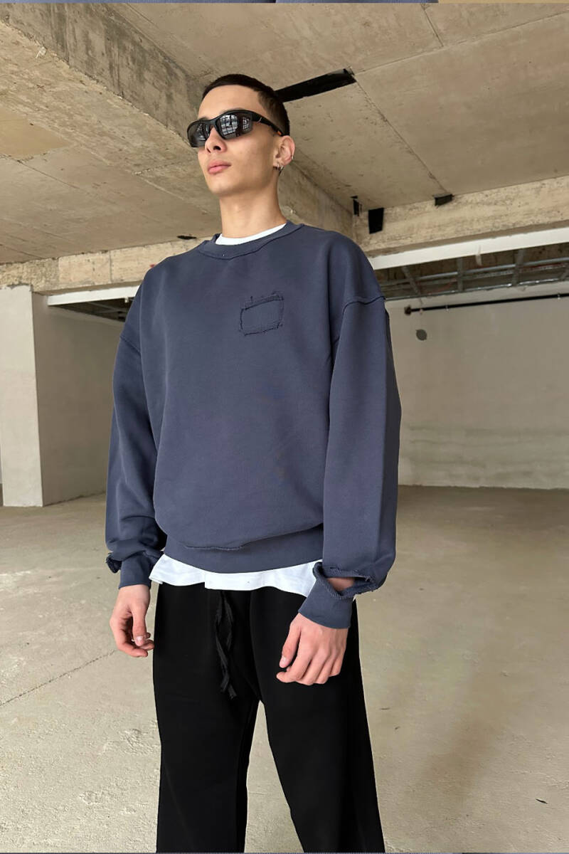 Antrasit Handmade Distressed Oversize Sweatshirt - 2