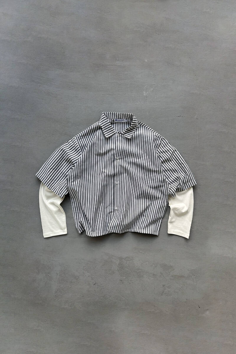  Antrasit Çizgili Boxy Fit Layered Gömlek - SOLDOUT