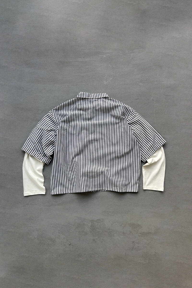  Antrasit Çizgili Boxy Fit Layered Gömlek - 6