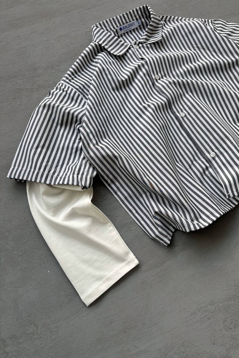  Antrasit Çizgili Boxy Fit Layered Gömlek - 5