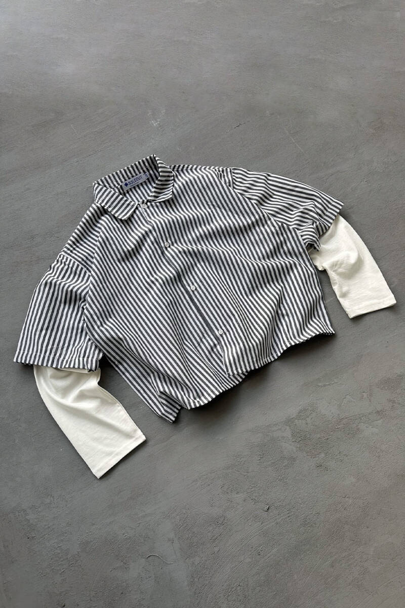  Antrasit Çizgili Boxy Fit Layered Gömlek - 7