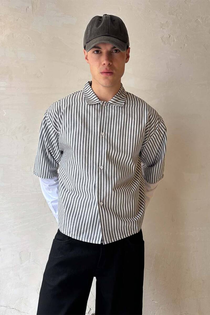  Antrasit Çizgili Boxy Fit Layered Gömlek - 4