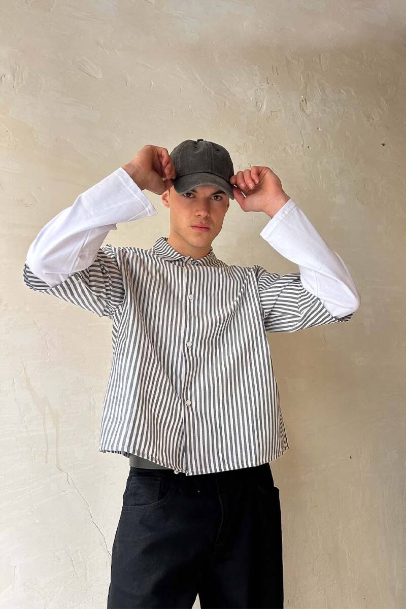  Antrasit Çizgili Boxy Fit Layered Gömlek - 3