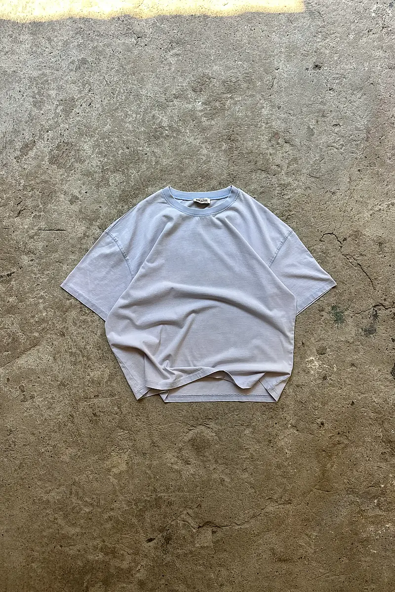 Asit Yıkamalı Buz Mavisi Oversize Tişört - 1