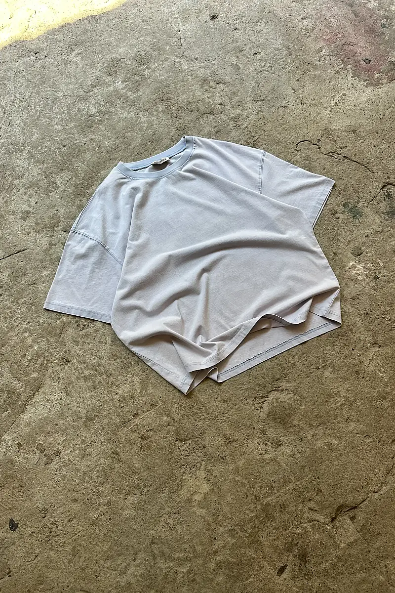 Asit Yıkamalı Buz Mavisi Oversize Tişört - 3